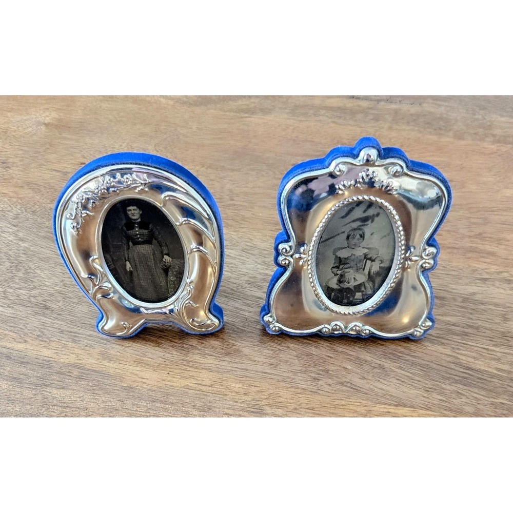VTG Set Of 2 Silver W/Blue Velvet Backing Picture Frames Antique Prints Included